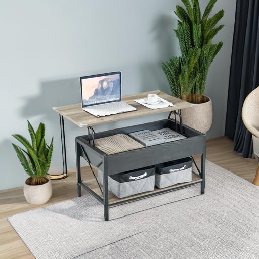 VINGLI 36" Lift Top Coffee Table with Free Cloth Storage Bins, Rustic Framhouse Grey Coffee Tables for Living Room, Small Modern Coffee Table for Small Space in Minimalistic Style, Gray