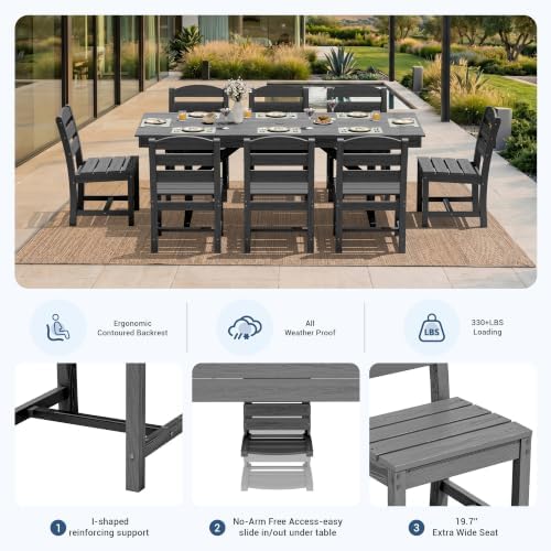 KINGYES Outdoor Dining Set,84'' Table w/Umbrella Hole & Armless Chairs,Grey