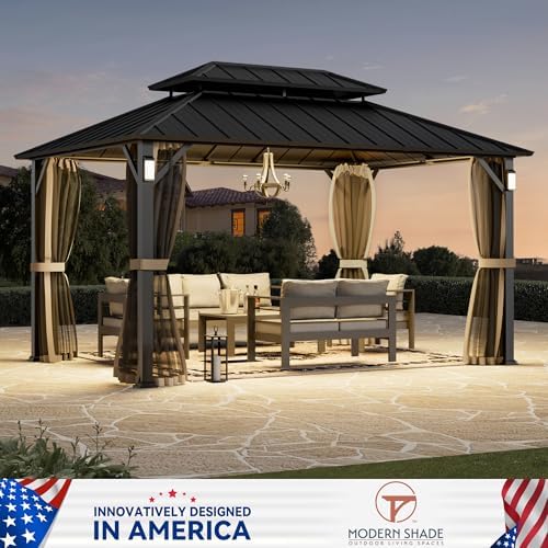 Modern Shade Hardtop Gazebo 10x14 with 4 LED Lights for Backyard, Black