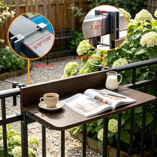 Balcony Bar Table for Railings, Outdoor HDPE Hanging Folding Adjustable Height Deck Rail Table for Patio, Garden, Rustproof Aluminum Alloy Frame,Weather Resistant, Easy Assembly
