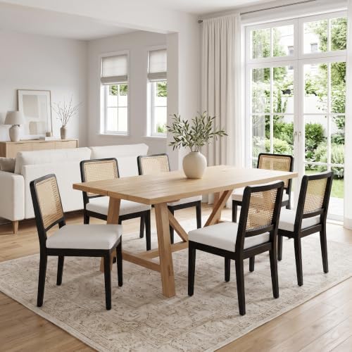 HNY Modern Farmhouse Rattan Dining Chairs Set of 6, Beige Linen Upholstered Dining Room Chair with Cane Back Mid Century Black Wooden Kitchen Chairs, Boho Accent Wicker Woven Chairs for Living Room