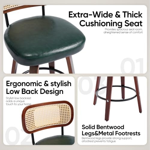 Rattan Bar Stools Set of 2,Upholstered PU Leather, 30''Counter Height Barstools with Back and Wood Legs,360°Swivel,Mid-Century Modern Bar Stool for Kitchen Island Dining Room and Bar(Vintage Green)