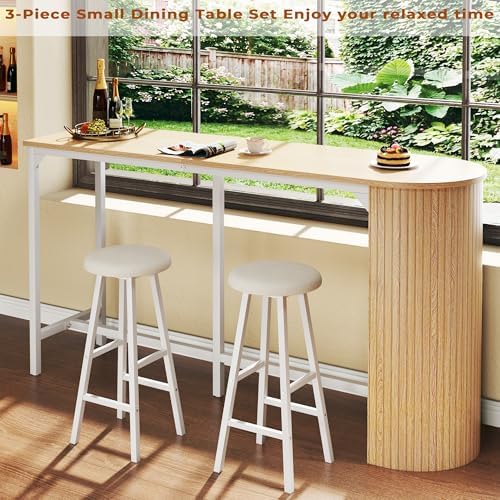 Fluted Bar Table and Chairs Set, 55'' Long Bar Tables with 2 Stools, 3 Piece Counter Height Dining Table for 2, Space Saving Kitchen Table for Bar, Dining Room, Kitchen, Breakfast Nook Corner, Natural