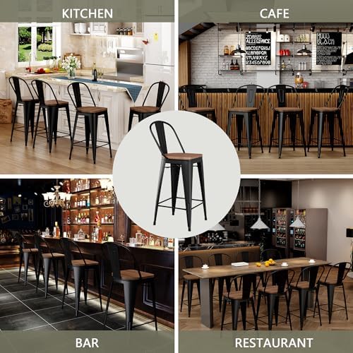 Metal Bar Stools Set of 4, 30" Black Bar Height Stools with Back