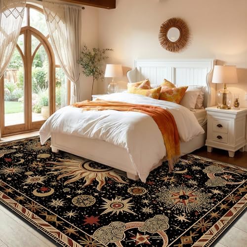 Vacuum-Friendly, 8x10 Washable Area Rug, Black Gold Beige Red
