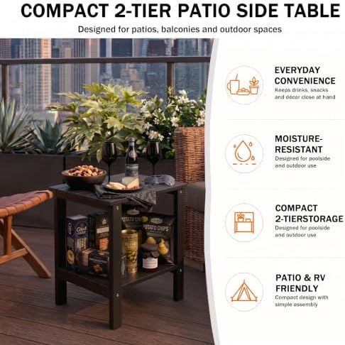 Outdoor Side Table, 2-Tier HDPS Small Patio Adirondack Table, Black