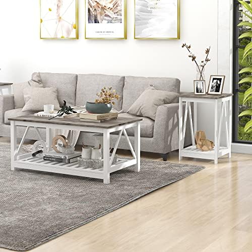 Farmhouse Coffee Table and End Table Set, Oak Grey Wooden Living Room Furniture with Slats Base, Oak Grey (2-Piece)