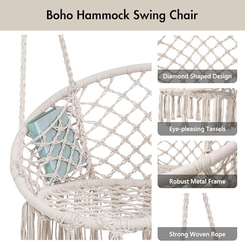 ANOW Outdoor Hanging Hammock Chair with Stand, Natural Macrame Swing Chair