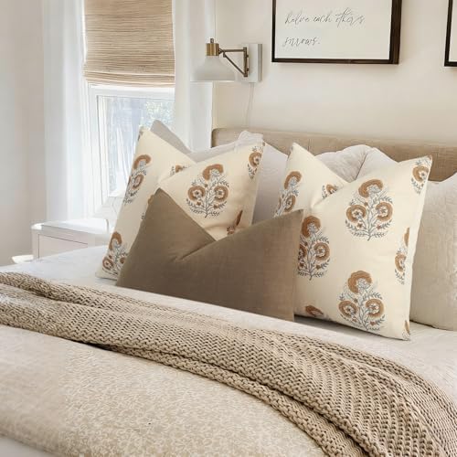 Vintage Floral Print Fall Pillow Covers 20x20 Set of 2 Patterned Accent Decorative Cushion Covers Modern Farmhouse Throw Pillow Covers for Sofa Couch Chair Bed Living Room Home Decor, Cognac Brown