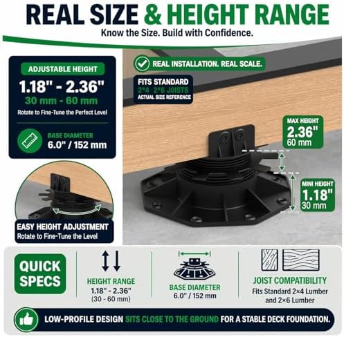 Deckit 24-Pack Adjustable Deck Support Pedestals, 1.18"–2.36" (30–60 mm), for 2×4 & 2×6 Joist Framing, Ground Support & Leveling for Patio, Shed Base & Floating Deck, Includes Joist Tape