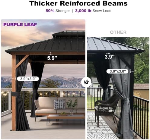PURPLE LEAF Gazebo 10' x 12' with Light, Curtain and Netting, Wood Grain
