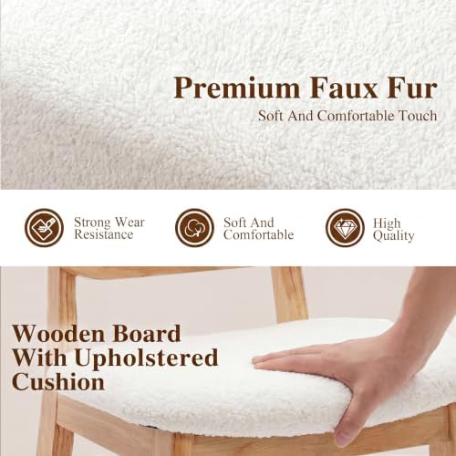 Shunzhi Rattan Bar Stools Set of 3, Upholstered Farmhouse Barstools with Woven Back, Boho Wood Kitchen Island Chairs, Comfy Counter Height Bar Chairs for Pub/Home Bar, Cream Faux Fur