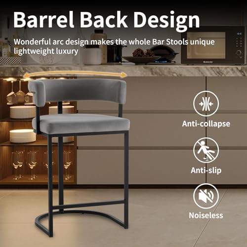 Set of 2 Grey Modern Velvet Bar Stools with Barrel Backrest, Upholstered Seat, and Black Metal Footrest – 25.6-Inch Seat Height, Ideal for Counters, Home Bars, and Kitchen Islands