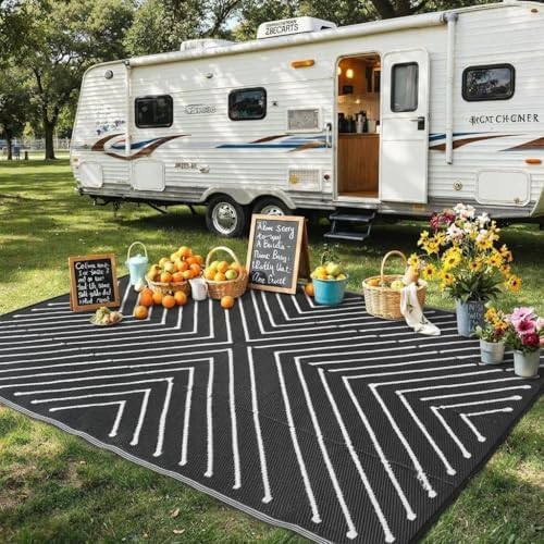 Garvee 5x8 Black and White Striped Outdoor Waterproof Rug Reversible Plastic Straw Patio Mat, Portable RV Camping Rug Quick Dry for Picnic, Beach, Balcony, Deck UV Protected & Lightwight, Black&White