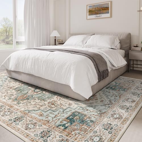 Washable 8x10 Area Rugs, Non Slip Living Room Rug Green/Beige