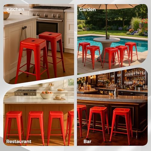 30 Inch Red Metal Bar Stools, Set of 6, Backless