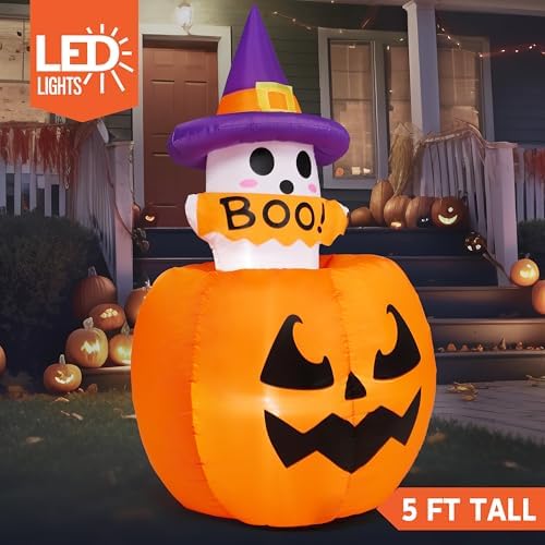 Joiedomi 5ft Tall Halloween Animated Inflatables Outdoor Decorations, Inflatable Ghost on Pumpkin with LEDs, Cute Blow Up Pumpkin Ghost Decor for Outside Yard Outdoor Lawn Garden Party Decoration