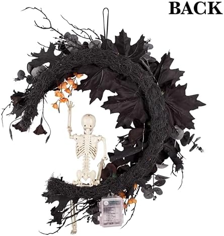 20" Pre-lit Halloween Black Moon Wreath with Poseable Skeleton, Handmade Halloween Wreath Decor for Home Front Door Porch Wall Hanging
