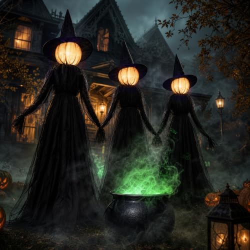 Hourleey Halloween Witch Decorations Outdoor, 5FT Set of 3 Lighted Witches