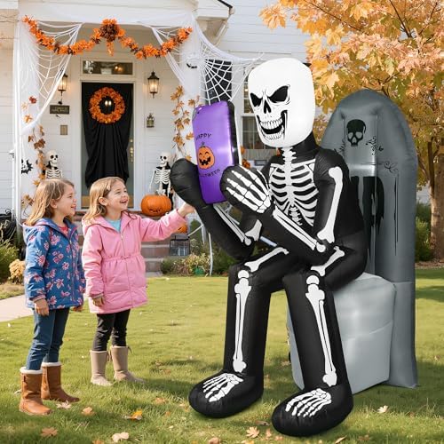 BLOOMWIN 6 FT Halloween Inflatable Outdoor Decoration Skeleton & Tombstone