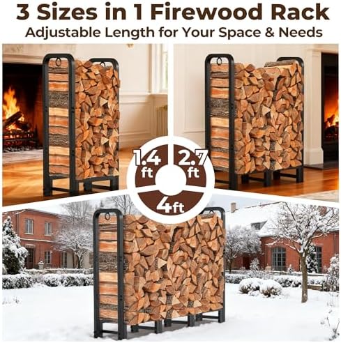 Amagabeli 4ft Firewood Rack Stand Adjustable Indoor Outdoor Fireplace Log Holder Heavy Duty Metal Wood Pile Storage Organizer Wrought Iron Lumber Stacker for Patio Black