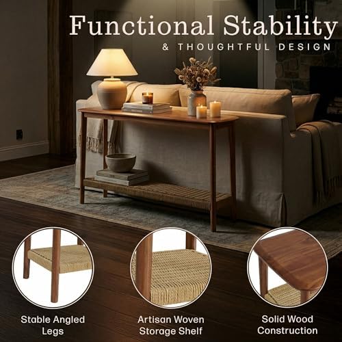 Calais Solid Wood Console Table with Woven Storage Shelf, Chestnut, 48 Inch
