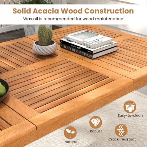 HAPPYGRILL Outdoor Acacia Wood Dining Table for 8 People, 79” x 35” Rectangular Patio Bistro Table with Built-in Umbrella Hole, Wooden Picnic Table for Porch, Garden, Backyard, Natural