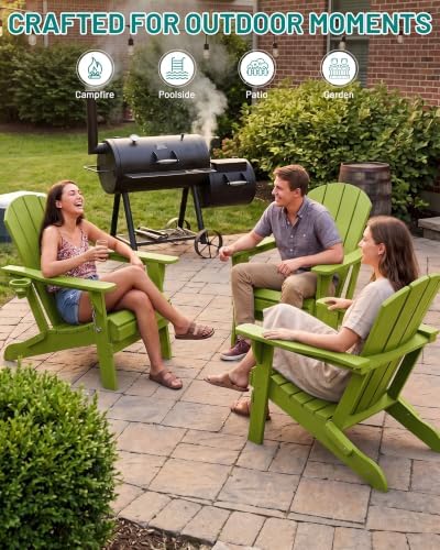 PLUUV Adirondack Chair Set of 6, Firepit Chair with Cup Holder, Light Green