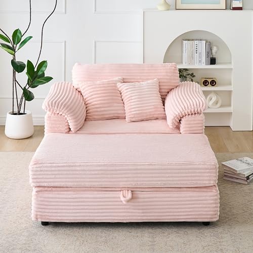Deolme Oversized Chaise Lounge Chair with Storage Ottoman & USB Ports, Fluffy Corduroy Cloud Couch Sleeper Sofa Bed with Arm Rest, Comfy Overstuffed Sofa Chair Set for Living Room, Bedroom (Pink)