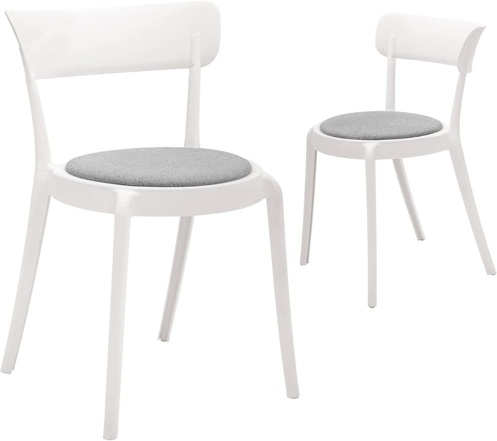 CangLong Armless Bistro Dining Chair-Set of 2, Premium Plastic with Upholstered Seat, White + Grey