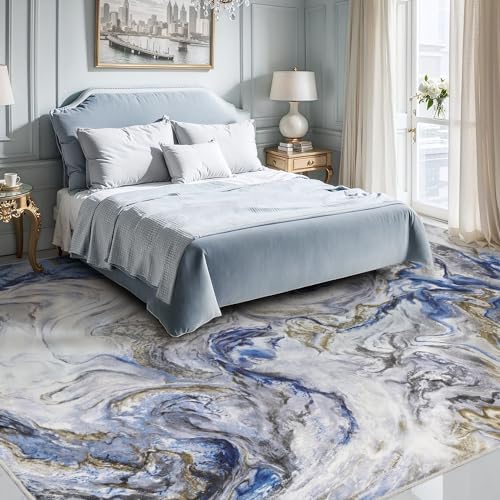 PADOOR Abstract 9'x12' Area Rug, Washable Non-Slip Low Pile, Marble Blue