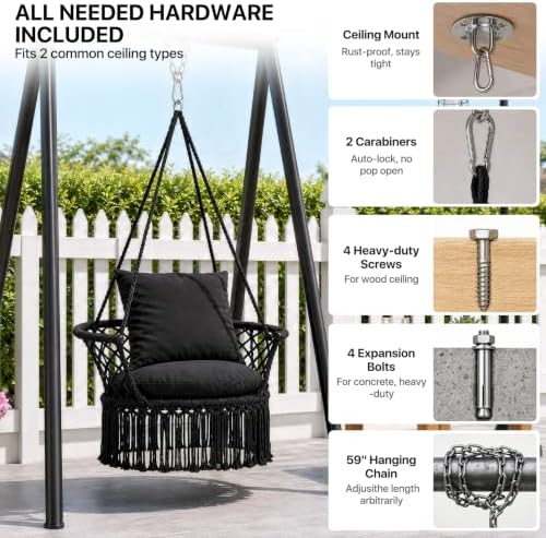 Athena Collection Macrame Hammock Chair with Mounting Hardware Kit, Black