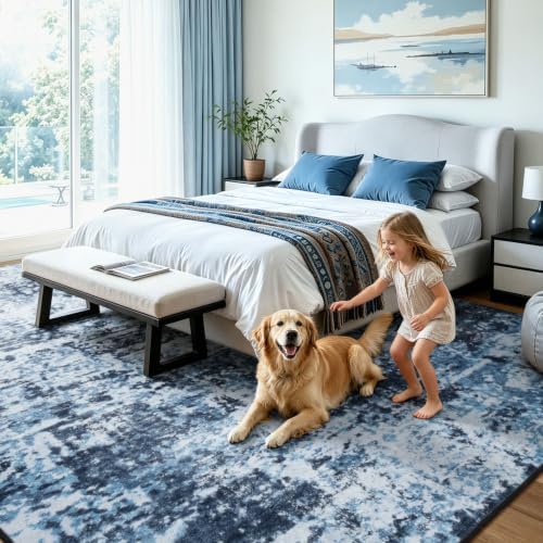 Lessymo Washable 8x10 Area Rugs for Living Room Bedroom, Abstract Navy Blue