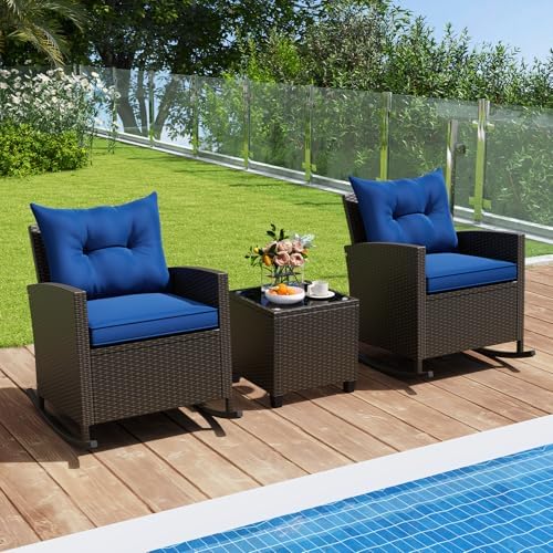 RELAX4LIFE 3-Piece Rocking Bistro Set - Rattan Wicker Rocking Chairs Set of 2 w/Soft Cushions, Glass Coffee Table, Outdoor Conversation Rocker for Porch Balcony, Small Patio Furniture (Brown-Navy)