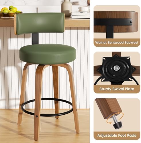 Swivel Bar Stools Set of 2, 26" Faux Leather Upholstered Counter Height Bar Stools with Back and Bentwood Legs, Mid Century Modern Bar Chairs Island Stools for Kitchen Counter, Green
