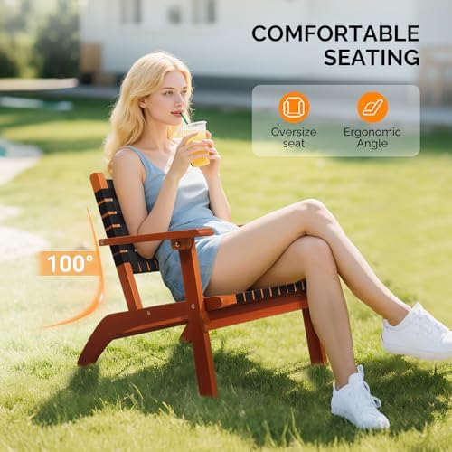 VINGLI Outdoor Armchair, Wooden Adirondack Chair All-Weather Wooden Patio Chair with Waterproof PE Woven Fabric, Porch Chair for Garden, Lawn and Poolside (2, Black and Brown)