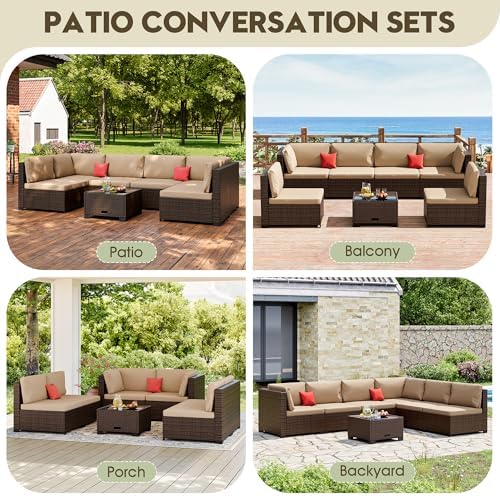 LHBcraft 7 Piece Outside Sectional Furniture Set, All Weather Wicker Patio Sofa, Outdoor Sectional Balcony Furniture with Beige Cushion & Glass Coffee Table
