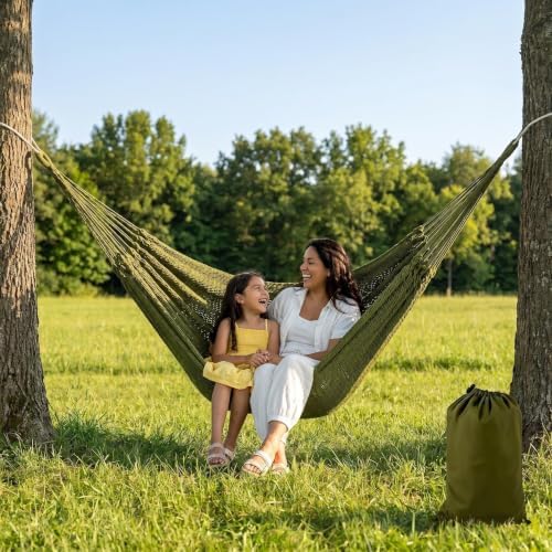 Handwoven Mayan Hammock with Carry Bag, 2 Person Family Size Cotton Nylon Rope Hammock, 500 lb Capacity, Portable Handmade Hammock for Camping, Backyard, Porch, Indoor Outdoor Use