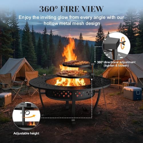43" Fire Pit, 3 in 1 Firepit with Adjustable 2 Grills for Patio, Party