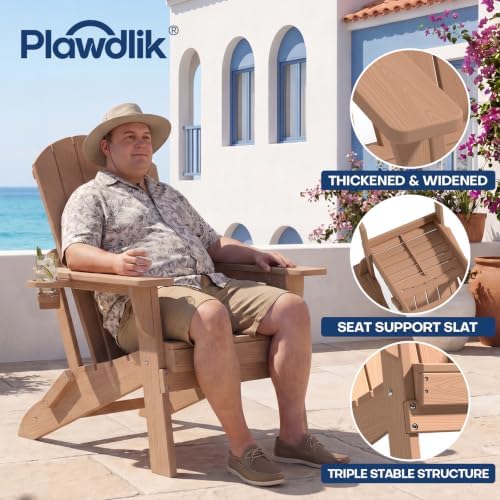 Plawdlik Folding Adirondack Chair Set of 6 with Cup Holder，Wooden Textured ，Heavy All-Weather HDPE Comfortable Set Poolside Backyard Lawn, Teak