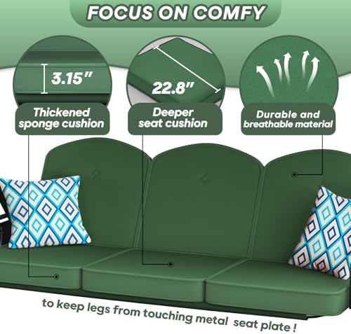 ZZW 3 Seat Outdoor Porch Patio Swing with Stand 800lbs 2-in-1 Convertible Swing Bed with Adjustable Canopy & Removable Cushion for Yard Garden Deck (Green, Square Tube)