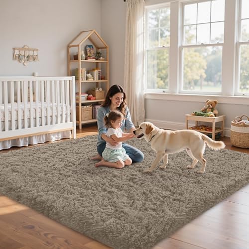 8x10 Area Rug for Living Room,Grey Camel Fluffy Shag Non-Slip Bedroom Rugs