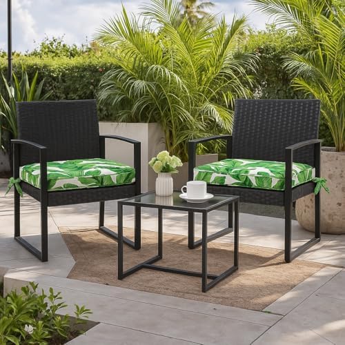 19x19x3 Inch Outdoor Square Corner Chair Cushions with Ties Set of 2, Water & Fade Resistant Thick Seat Cushion Pads for Garden Patio Dining Porch Furniture - Green Leaves White
