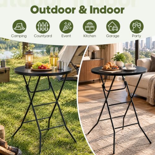 32" Round Folding Table, Portable Bar Height Folding Table with Detachable Legs, Round Foldable Table with HDPE Top for Standing Parties, Balcony, Event, Indoor Outdoor Use (Black, 2 Pack)