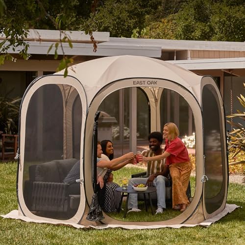 East Oak Screen House Tent Pop-Up, Portable Screen Room Canopy Instant Screen Tent 10 x 10 FT with Carry Bag for Patio, Backyard, Deck & Outdoor Activities, Brown