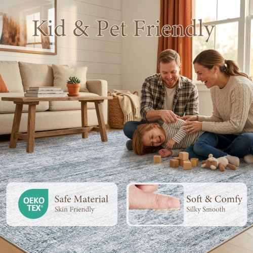 9x12 Rugs for Living Room: Washable Non Slip Navy Blue Area Rug