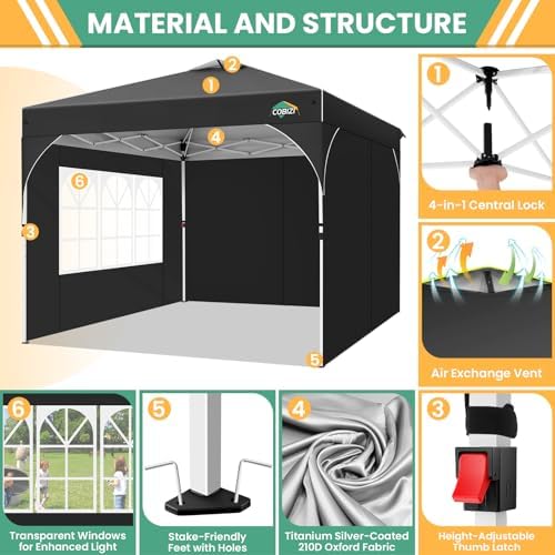 COBIZI 10x10 Pop Up Canopy with 3 Sidewalls, 1-Person Setup, Waterproof