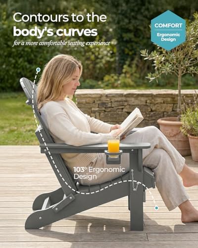 Ciokea Folding Adirondack Chairs Set of 2 with Cup Holder, HDPE, Grey