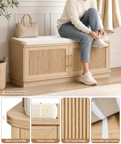 Akxomel 39.4" Fluted Shoe Storage Bench 2 Doors Wooden Entryway Bench Oak