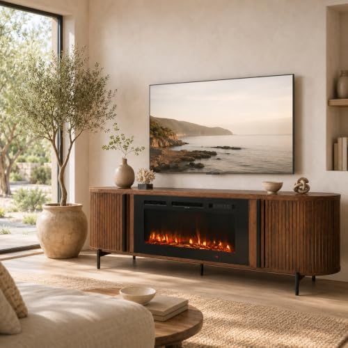 Luxury Fluted TV Stand with Fireplace, 70 inch, Brown